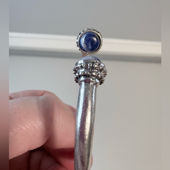 Jill Silver Tone Cuff Bracelet | Blue Stone Ends | Hinged Bangle Stack - Picture 5 of 8